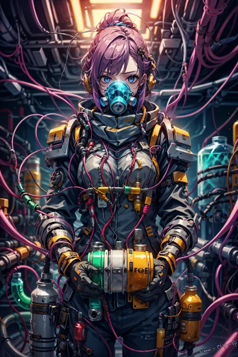 woman in chem4rmor,tubes, cables, wires, colorful liquid, colorful armor, canister chempunk,<lora:Clothing - ChemPunk Armor:0.8>
