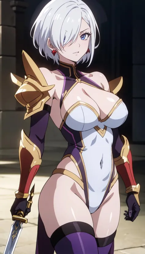 white_hair,blue_eyes,short_hair,makeup,lipstick,cleavage,gloves,large_breasts,thighhighs,jewelry,armor,hair_over_one_eye,weapon,sword,navel,revealing_clothes,earrings,gauntlets,bare_shoulders,elbow_gloves,purple_lips,underboob,thighs,purple_legwear,single_...