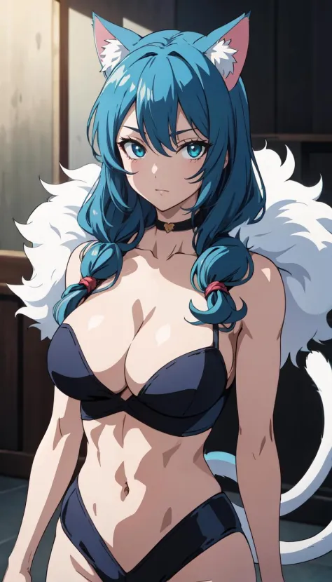 Felicia_aiwaifu,animal_ears,green_eyes,blue_hair,cat_ears,long_hair,animal_hands,breasts,big_hair,very_long_hair,curly_hair,cat_tail,tail,fur,claws,large_breasts,navel,cat_girl,cat_paws,slit_pupils,white_fur,bare_shoulders,muscular_female,collarbone,thighs...