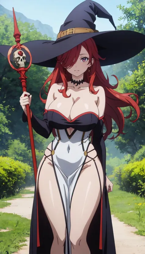 witch_hat,red_hair,huge_breasts,absurdly_long_hair,cleavage,brown_eyes,wide_hips,thick_thighs,collarbone,lips,bare_shoulders,strapless,detached_sleeves,dress,strapless_dress,side_slit,staff,legs,smile,skull,hat_over_one_eye,magic,witch,book,, 1girl, solo, ...