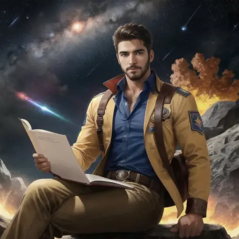 Draw a young programmer, sitting on a research platform floating in the middle of an asteroid belt. He is studying with a notebook, surrounded by several asteroids glowing with fiery auras. Dramatic lighting from distant stars and planets illuminates the scene, casting deep shadows on the suit. The young man looks confident and determined, looking at the vast and mysterious universe with wonder and respect,facial hair, cowboy shot,