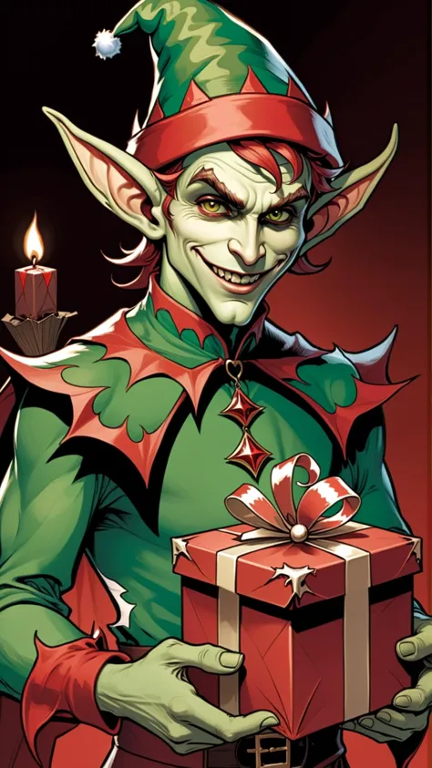 comic 1man, Satanic demon, reddish skin,  dressed as a Christmas Elf, holding a (tattered:1.3) and charred gift box, evil grin on his face <lora:comic book magazine:1> Comic Book Magazine Style <lora:ccxl-mucha_lora_vA1:1> ccxl-mucha . graphic illustration, comic art, graphic novel art, vibrant, highly detailed