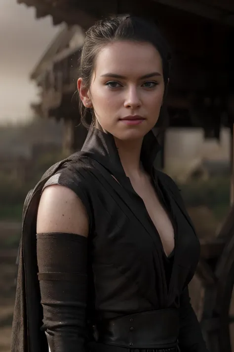 , <lora:Rey_StarWarsVII_DaisyRidley_smf_lora_v01:0.9> , symmetrical eyes, medium breasts,  DaisyRdl  ,cleavage, wearing black robes ,bracers, goth makeup,holding red lightsaber, in burning village , looking at viewer,,  , 4k,  best quality, bokeh, f1.4, 40mm, photorealistic, raw, 4k, detailed skin, textured skin, skin pores, intricate details  ,,<lora:sthoutfitV2:0.7>    , epiCRealism