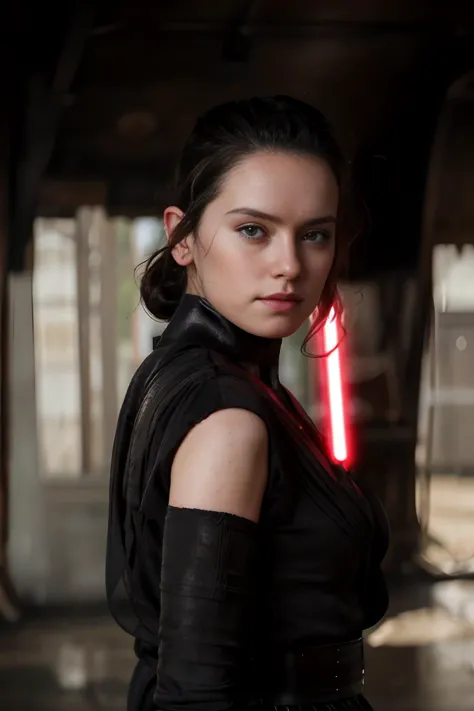 a woman in a black outfit with a red light saber