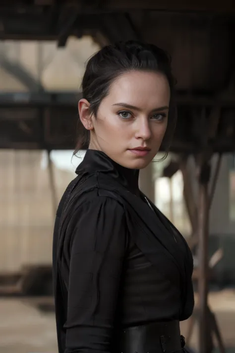 a woman in a black dress standing in a building