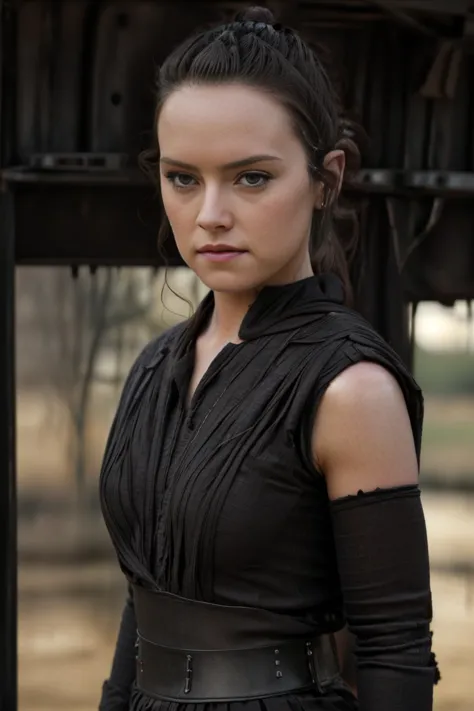 a close up of a woman in a black dress standing near a train