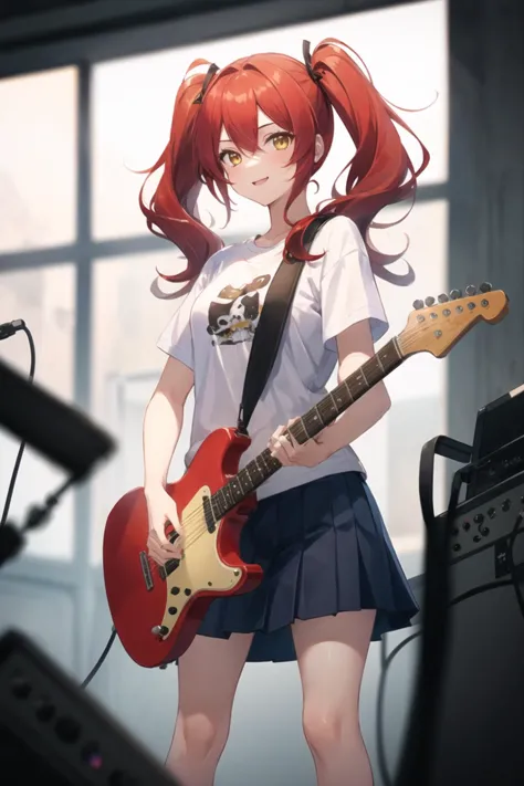 1girl, casual clothes, t-shirt, pleated skirt, twintails, (long hair:0.7), red hair, yellow eyes, short sleeves, playing guitar,...