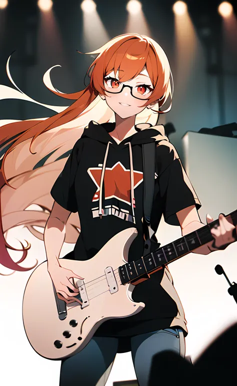 1girl, long hair, orange hair, red eyes, black glasses, black hoodie, short sleeves, jeans, playing guitar, stage, spotlight, ci...