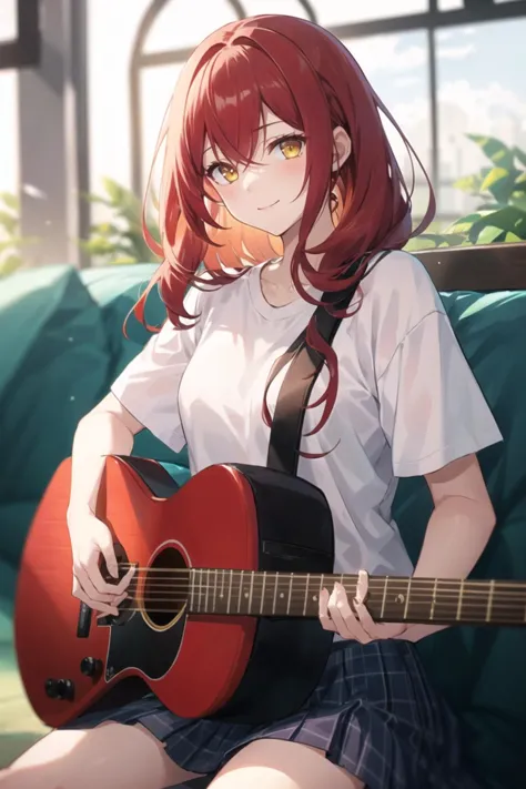 1girl, casual clothes, t-shirt, pleated skirt, twintails, (long hair:0.7), red hair, yellow eyes, short sleeves, playing guitar,...