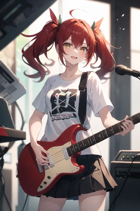 1girl, casual clothes, t-shirt, pleated skirt, twintails, (long hair:0.7), red hair, yellow eyes, short sleeves, playing guitar,...