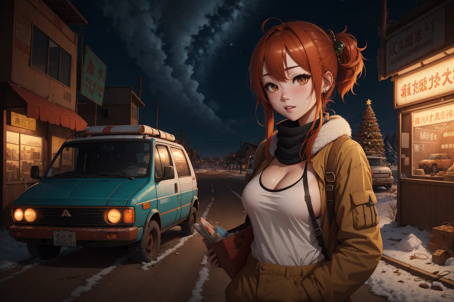 cashier, cute Mongolian girl, dazzling Auburn eyes, unaligned breasts, Khaki two side up hair, A deserted highway with abandoned vehicles and no signs of life., thick lines, anime style, wushen\(full)\ Christmas lights, Maidcore, Cultcore, airbrush