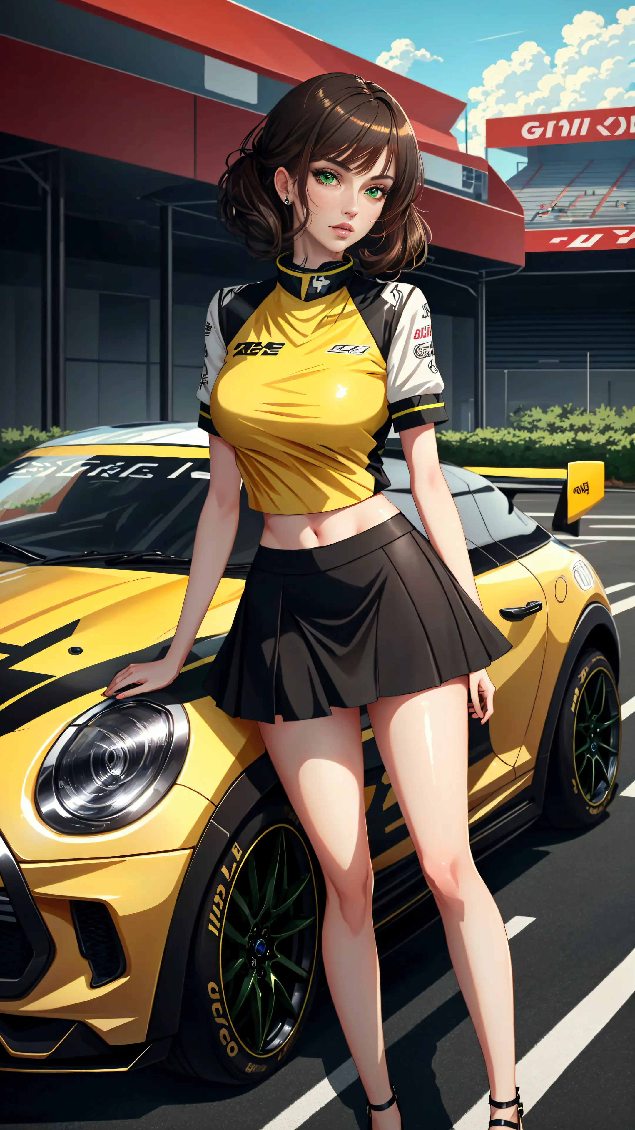 best quality, intricate details,masterpiece,full body, tight red shirt, mini skirt, high heels, sexy girl, high detailed green eyes,bangs,slim figure, tall, twisted breasts, brunette hair, anime style, high detailed background, background car race track, 