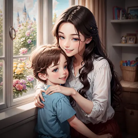 (Disney super mom), long hair, smiling, playing with her son, rainbows, flowers, window, (drawer and basket)