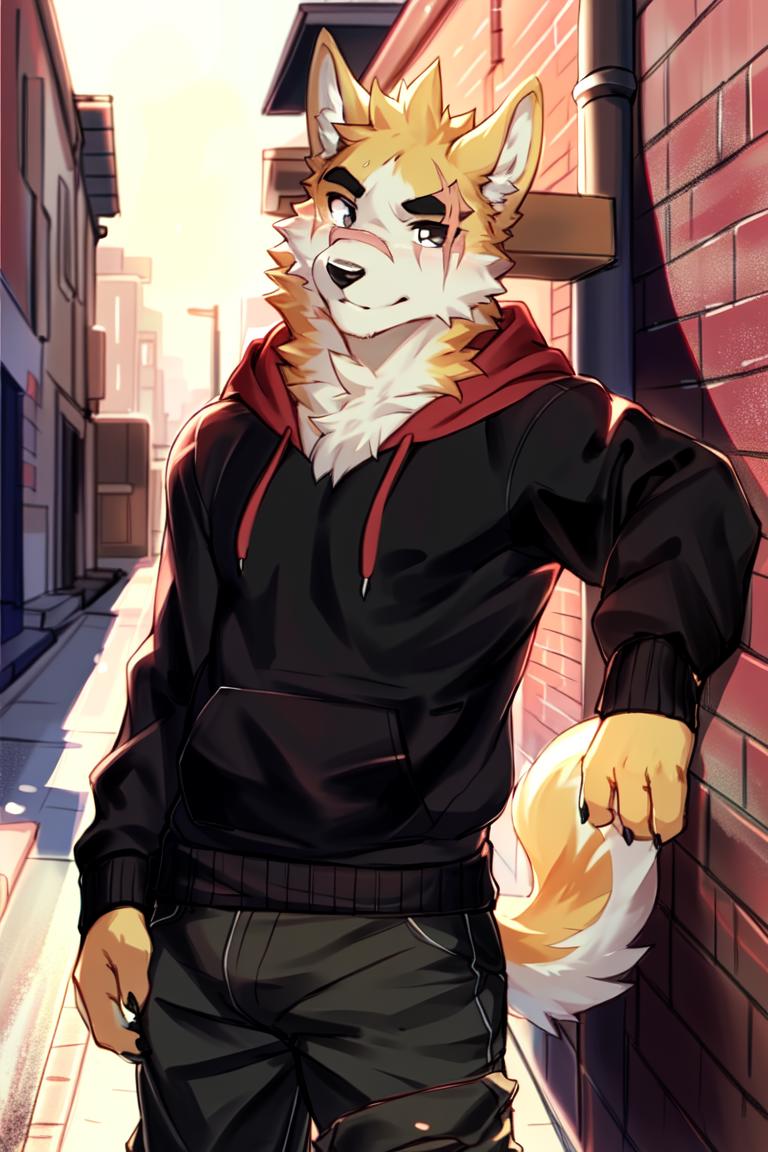 Anime guy with a fox head and a hoodie standing in front of a brick ...