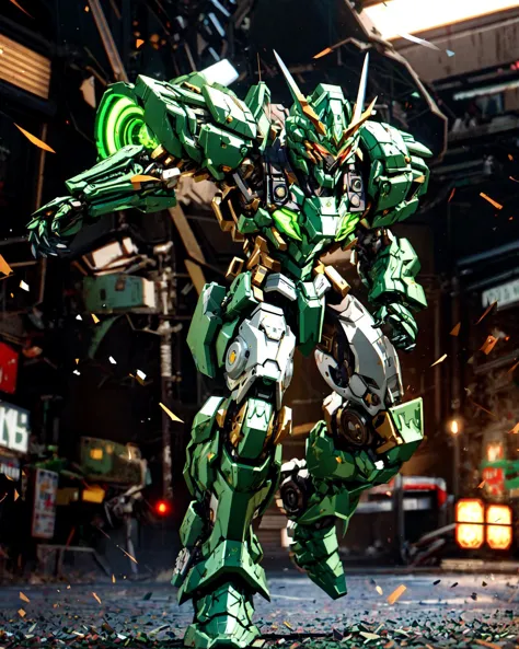 Voll_Körperfoto von Mecha, Kopfbedeckung, (glühende Augen),  
camouflage_grüne Rüstung, Hellbraune reflektierende Rüstung, covered in Voll silver armor, ARKNIGHTS, Donnerrüstung tragen, komplizierte Assassinen-Mecha-Rüstung, griechischer Gott im Mecha-Stil, Grimdark Paladin,  
(große muskulöse:1.3),
(Dynamisch_Pose, Aktion:1.4),
volumetrisches Licht, mechanische Teile, Robotergelenke,  gemeinsames glühen,
starker Wind, Lichtteilchen, bokeh, unordentlicher Hintergrund, cyberpunk, (ausführlich, beste Qualität:1.4), realistische QuickHands