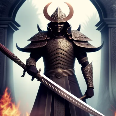 photo, a painting of a man in armor holding a sworda large sword, AlienTemple style