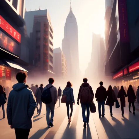 people walking down a city street in the fog