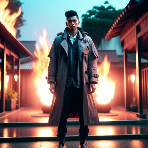 photo, a man in a trench coat standing in front of a fireies, junglepunk-house style