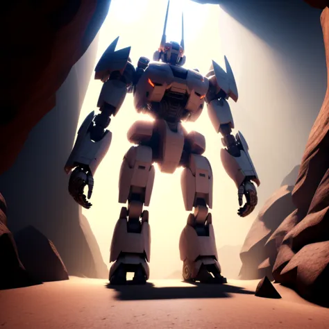 photo, a giant robot standing in the middle of a cave painted on, truckplans style