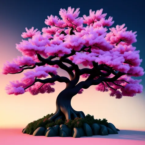 photo, a computer generated image of a tree with pink clouds the background, darknesseighties style