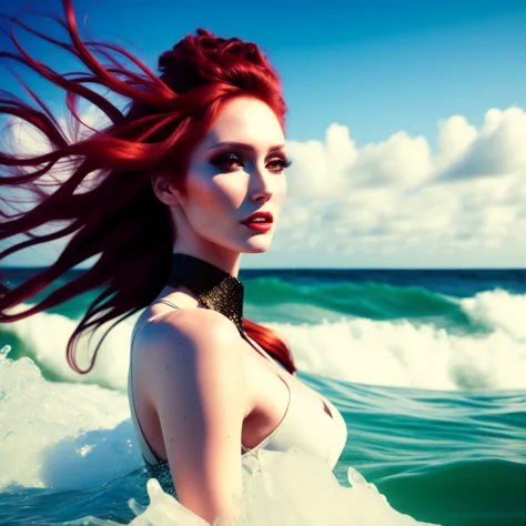 photo, a painting of a woman with long brown hair in the ocean, redhairedpilot style