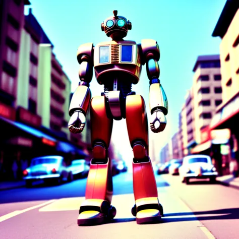 photo, a large robot standing in the middle of a city road in, fiftiesrobot style