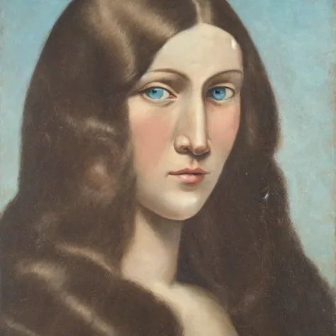 a painting of a woman with long hair and blue eyes