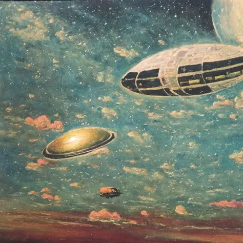 painting of a spaceship flying over a planet with a golden object