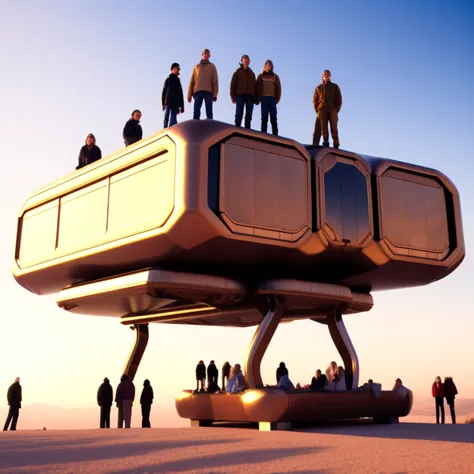 photo, a group of people standing on top of a giant object in front, boxedfutures style