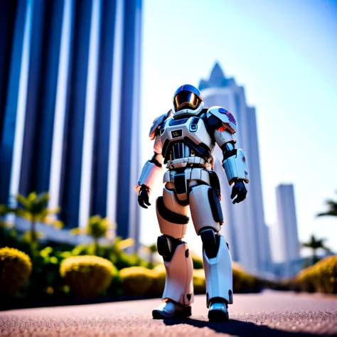 photo, a man in a space suit standing in front of palm trees in, gundamcityscape style