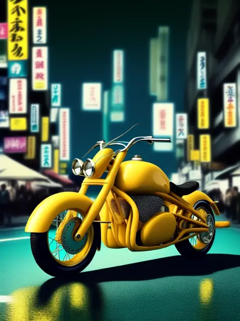 ShibuyaStreets style, a yellow motorcycle sitting on top of a blue floor