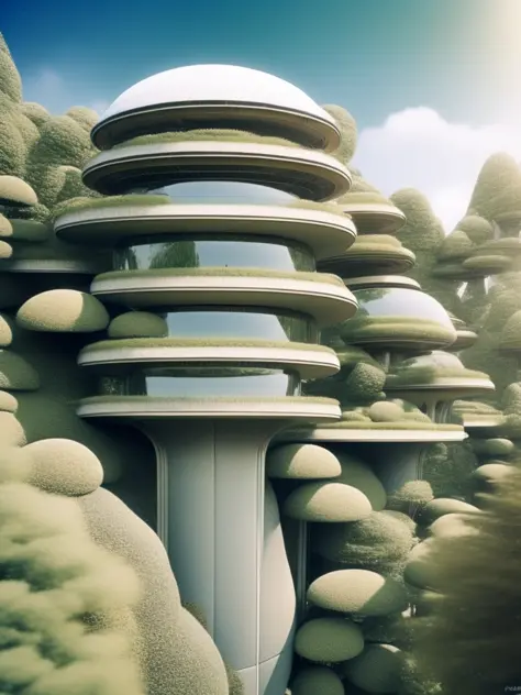 FractalWoman style, an aerial view of a futuristic building surrounded by trees