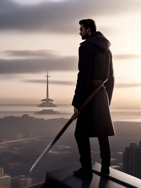 Friendzone style, a man standing on top of a building holding a sword