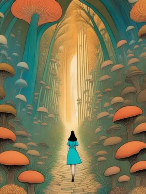 WonderlandWoman style, a painting of a person walking down a path surrounded by mushrooms