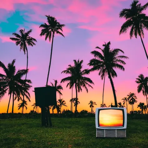 an old television with a sunset and palm trees on it