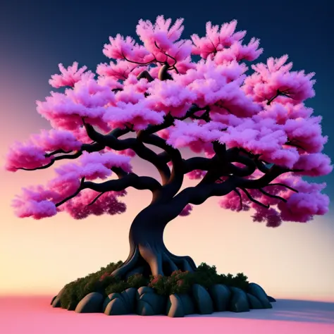 photo, a computer generated image of a tree with pink clouds the background, DarknessEighties style