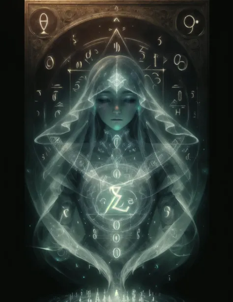 hyper detailed masterpiece, dynamic, awesome quality,math magic, (numbers and symbols:1.3), female  semi-ghost, ethereal translucent appearance, faint ghostly glow,human face,ghost like characteristics, partially visible, transparent form, unfinished journey to the afterlife, haunting, caught between the physical and spiritual realms, 