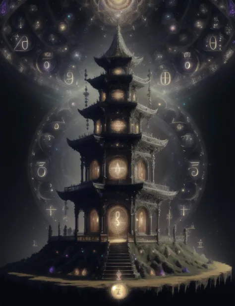 hyper detailed masterpiece, dynamic, awesome quality,DonMM4thM4g1c math magic, (numbers and symbols:1.3),hyper detailed masterpiece, dynamic realistic digital art, awesome quality,nocturnal mansion,astral tower,faux hel caustics rendering,mandelbrot set, quiet living, <lora:DonMM4thM4g1c-000008:0.75>