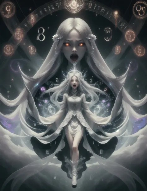 hyper detailed masterpiece, dynamic, awesome quality,math magic, (numbers and symbols:1.3), fenghuang, transluscent ethereal otherworldly unnatural nebulous incorporeal phantasmal nebulous vaporous phantasmal ghostly soul specter, long flowing silver hair,pale white lucid skin, fantasy, grayish tattered gown, hands with claws,dim eyes, screaming in agony,eerie, stygical, floating, gliding, omen of death, malevolent, tools, <lora:DonMM4thM4g1c-000008:0.75>