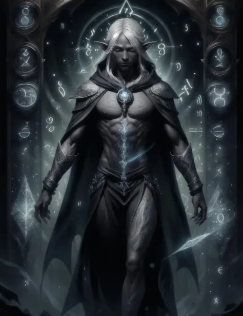 hyper detailed masterpiece, dynamic, awesome quality,math magic, (numbers and symbols:1.3), male  drow, fictional elfish individ...