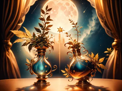 A close-up of a perfume bottle in which a fantastic and fairy-like world can be seen with fairies and mythical creatures and plants. This perfume bottle is on a windowsill. Through the window you can see the moon with stars that illuminates the picture(award winning photo),(masterpiece, best quality),(sharp focus:1.2), intricate details,(intricate details),unity 8k wallpaper,ultra detailed,  <lora:Liquify:0.8> liquify,  <lora:Perfume_Bottle_v001:1>