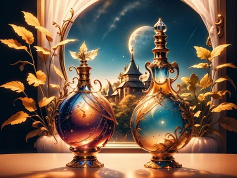 A close-up of a perfume bottle in which a fantastic and fairy-like world can be seen with fairies and mythical creatures and plants. This perfume bottle is on a windowsill. Through the window you can see the moon with stars that illuminates the picture(award winning photo),(masterpiece, best quality),(sharp focus:1.2), intricate details,(intricate details),unity 8k wallpaper,ultra detailed,  liquify,  