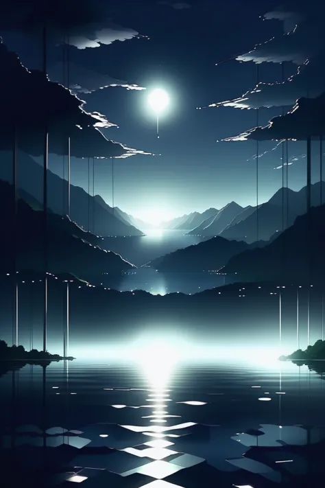 a view of a lake with mountains and a full moon