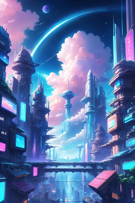 anime style digital painting, cyberpunk, fantasy, cheerful fantasy sky city beyond the beginning of the universe<lora:EnvyBetter...