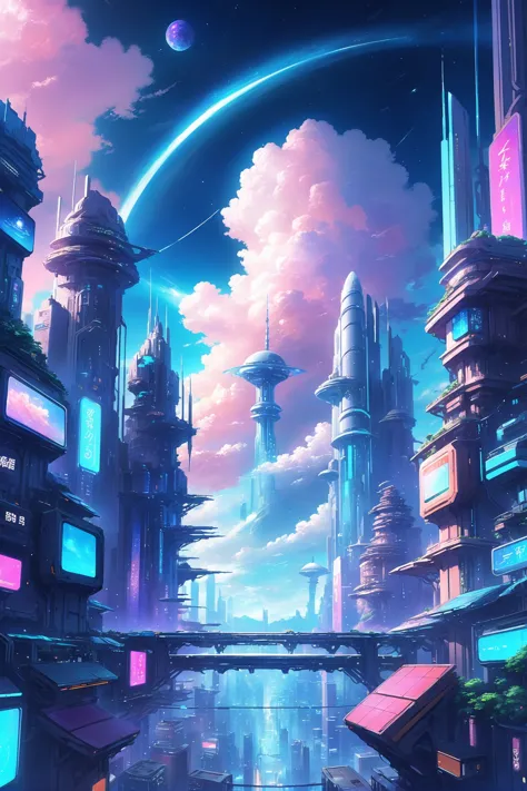 anime style digital painting, cyberpunk, fantasy, cheerful fantasy sky city beyond the beginning of the universe<lora:EnvyBetterHiresFixXL01:0:hr=1>