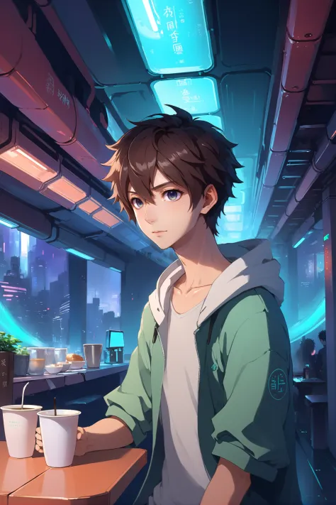 anime style digital painting, 1boy, man, ruggedly handsome, tea shop in a empty scifi subterranean megacity beyond the end of the multiverse, masterpiece