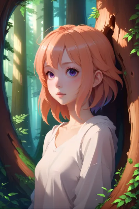 anime style digital painting, 1girl, woman, beautiful, warmly lit interior, in a fantastical Redwood tree hollow