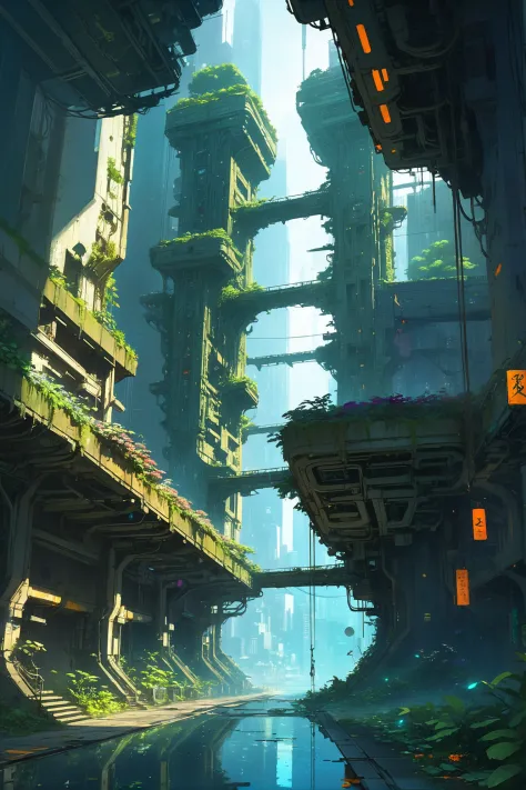 anime style digital painting, cyberpunk, fantasy, hanging garden in a wonderous,ruined scifi megacity at the beginning of realit...