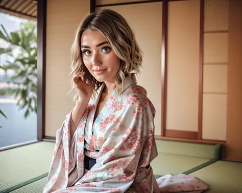 arafed woman in a kimono sitting on a tatari looking out a window