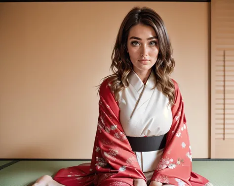 arafed woman in a kimono sitting on a tata tata mat